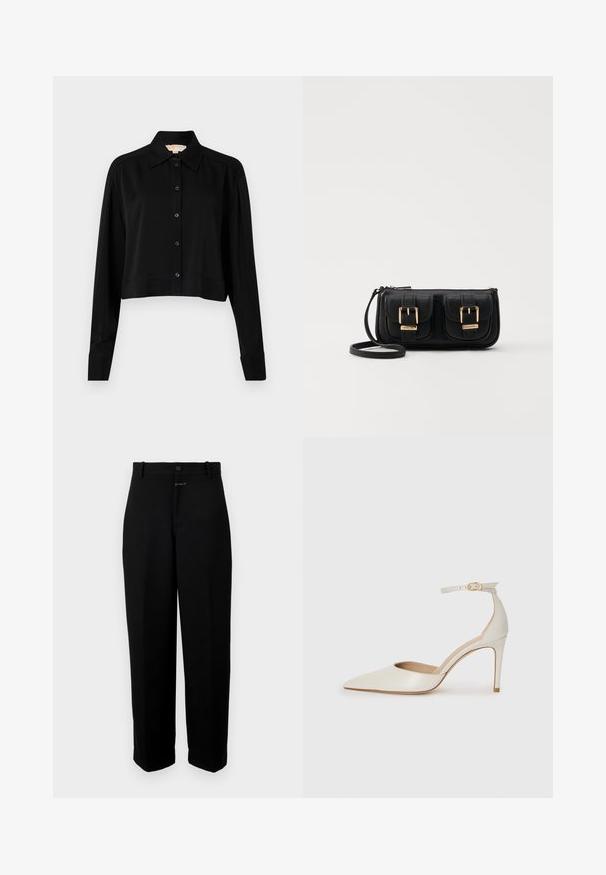 Juodas trumpas marškinėliai su ilgomis rankovėmis, smailiu apykakle ir mygtukų priekyje. Pagamintas iš lygaus audinio su laisvu siluetu ir apverčiamos rankovėmis.; Juodi kelnės, pasiūtos iš lygios medžiagos, su sagčių uždarymu, diržo kilpomis ir tiesiomis kojomis.; Balti odiniai aukštakulniai batai su smailiu priekiniu galu, kulkšnies dirželiu ir siauru stiletu. Lygi tekstūra su subtiliu blizgiu paviršiumi.; Juodas odinis per petį nešiojamas krepšys su dviem priekiniais kišenėmis, auksiniais sagtimis, užtrauktuko uždarymu ir siauromis petnešomis. Textūruota paviršius ir kompaktiškas stačiakampis formatas.