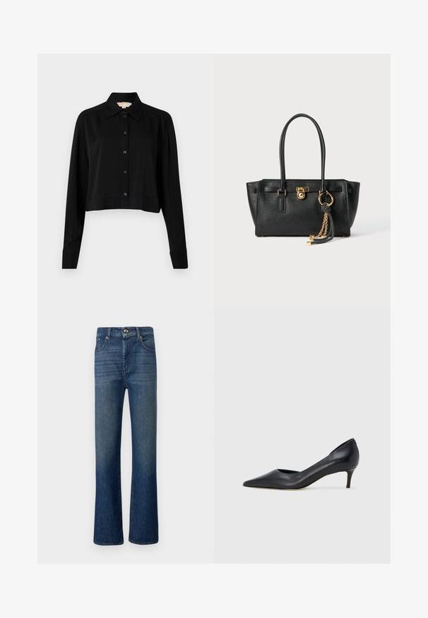 Černá zkrácená košile s dlouhými rukávy, špičatým límcem a předním zapínáním na knoflíky. Vyrobena z hladké látky s volnějším střihem a manžetami.; Džínové kalhoty v tmavě modré barvě, s vysokým pasem a rozšířenými nohavicemi. Hladká textura s jemným světláním, pět kapes a kovové zapínání na knoflík.; Černá kožená lodička s špičatou špičkou a nízkým podpatkem. Má hladkou texturu a jemný lesk. Přední část je otevřená pro zvýraznění detailu.; Černá kožená kabelka s dvojitými uchy, zlatým zámkem a řetízkem, a černo-bílým třásňovým doplňkem na bílém pozadí.