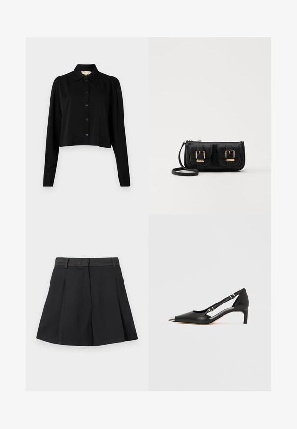 Melnas īsās piedurknes krekls ar garām piedurknēm, smailu apkakli un pogu aizdari. Izgatavots no gludas auduma ar brīvu piegriezumu un piedurkņu apakšām.; Melna plisēta mini svārki ar jostasvietu un jostas cilpām, priekšējā aizdare paslēpta zem atloka, izstādīta uz balta fona.; Melns ādas kurpju pāris ar zemu papēdi, smailu sudraba purngali un diviem sprādzēm uz balta fona.; Melnas ādas crossbody soma ar divām priekšējām kabatām, zelta sprādzēm, ar rāvējslēdzēju aizdari un šauru siksnu. Strukturēta virsma un kompakta taisnstūra forma.