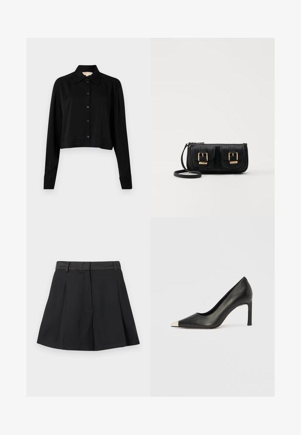 Must must shirt, mille pikkade varrukatega, terava kraega ja nööpidega esiosas. Valmistatud siledast kangast, millel on mugav lõige ja mansetiga varrukad.; Must sõrmus, mida on plekitud mustast mini seelikust, millel on vöökoht ja vöörihmade silmad, ees sulgemine on peidetud klapi alla, eksponeeritud valgel taustal.; Mustast nahast kõrge kontsaga king terava varba ja metallik hõbedase otsikuga. Iseloomustab sile viimistlus ja sihvakas 10 cm konts.; Must küllastamata nahast õlakott, millel on kaks esist nähtavat taskut, kuldsed pandlad, tõmblukuga sulgemine ja peen rihm. Tekstuuriga pind ja kompaktne ristkülikukujuline kuju.