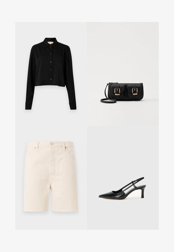 Black cropped shirt with long sleeves, a pointed collar, and button front. Made from smooth fabric with a relaxed fit and cuffed sleeves.; Beige denim shorts with a straight cut, featuring a button closure, belt loops, and frayed hem. Five-pocket design.; Black patent slingback heel with a pointed toe, featuring textured snake print, adjustable strap, and a short, textured block heel.; Black leather crossbody bag with two front pockets, gold buckles, zipper closure, and a slim strap. Textured surface and compact rectangular shape.