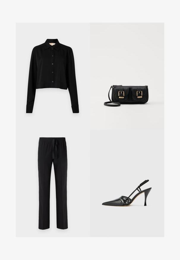 Crna skraćena košulja s dugim rukavima, uspravnim kragnom i dugmadi sprijeda. Izrađena od glatkog materijala s opuštenim krojem i manžetama.; Crne hlače s elastičnom pojasnicom i podesivom vezicom, s ravnim krojem i glatkom teksturom. Bez uzoraka ili akcenta.; Crne kožne cipele na visokom potpeticu s otvorenim potpeticama, šiljastim prstom, dizajnom s križnim trakama i tankim štiklama. Glatka tekstura i minimalni akcenti.; Crna kožna torba preko ramena s dva prednja džepa, zlatnim kopčama, zatvaranjem na zip i uskim remenom. Teksturirana površina i kompaktan pravokutan oblik.