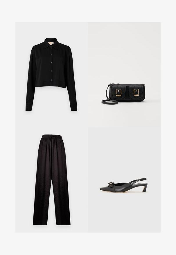Black cropped shirt with long sleeves, a pointed collar, and button front. Made from smooth fabric with a relaxed fit and cuffed sleeves.; Black wide-leg pants with elastic waistband and subtle leopard print texture, featuring a drawstring tie at the front.; Black leather slingback shoe with pointed toe, small heel, and decorative buckle detail on the upper. Smooth texture, minimalistic design.; Black leather crossbody bag with two front pockets, gold buckles, zipper closure, and a slim strap. Textured surface and compact rectangular shape.