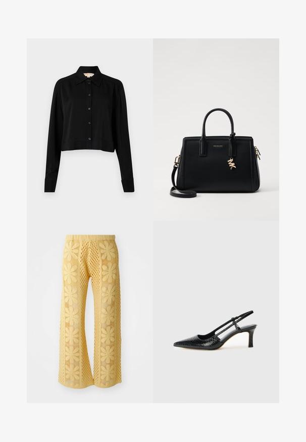 Schwarzes, kurzes Hemd mit langen Ärmeln, einem spitzen Kragen und Knopfverschluss. Hergestellt aus glattem Stoff mit lockerer Passform und geknöpften Ärmeln.; Gelbe Häkelhosen mit floralem Muster, weit geschnitten, und einem elastischen Bund mit einem strukturierten, offen gearbeiteten Design.; Schwarze Lack-Slingback-Pumps mit spitzem Zehenbereich, versehen mit strukturiertem Schlangenprint, verstellbarem Riemen und einem kurzen, strukturierten Blockabsatz.; Schwarze Ledertasche mit strukturiertem Design, doppelten oberen Griffen, abnehmbarem Schulterriemen, goldfarbenen Beschlägen und einem Logo-Anhänger.