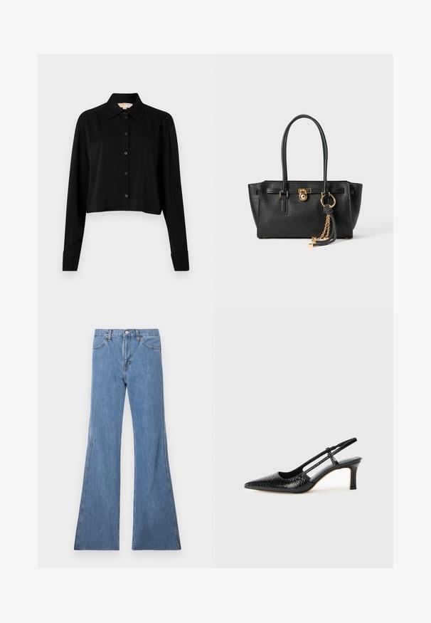 Zwarte cropped shirt met lange mouwen, een spitse kraag en een knoopsluiting aan de voorkant. Gemaakt van soepele stof met een ontspannen pasvorm en manchet-mouwen.; Lichtblauwe denim flare jeans met een hoge taille, met een klassieke vijf-pocket design en contrasterende stiksels langs de naden.; Zwart patent slingback hak met een spitse neus, voorzien van een gestructureerde slangenprint, verstelbare band en een korte, gestructureerde blokhak.; Zwarte leren handtas met dubbele handgrepen, gouden slot en kettingdetail, en zwart-witte franjer accent tegen een witte achtergrond.