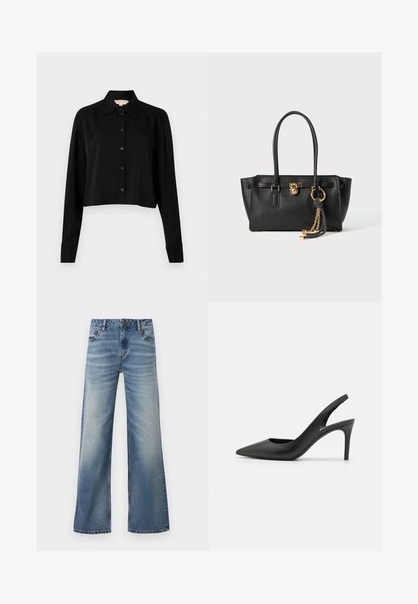Svart forkortet skjorte med lange ermer, spiss krage og knappelukking foran. Laget av glatt stoff med en avslappet passform og oppbrettede ermer.; Lyseblå, vide jeans laget av denim. Har klassisk fem-lomme-design, synlige sømmer, og en falmet vask for ekstra tekstur.; Sorte skinnslingback hæler med spiss tå-design, som har et utsnitt foran og en tynn stilettohæl.; Svart lærveske med doble håndtak, gulllås og kjededetalj, samt svart-hvite duskdekorasjoner mot hvit bakgrunn.