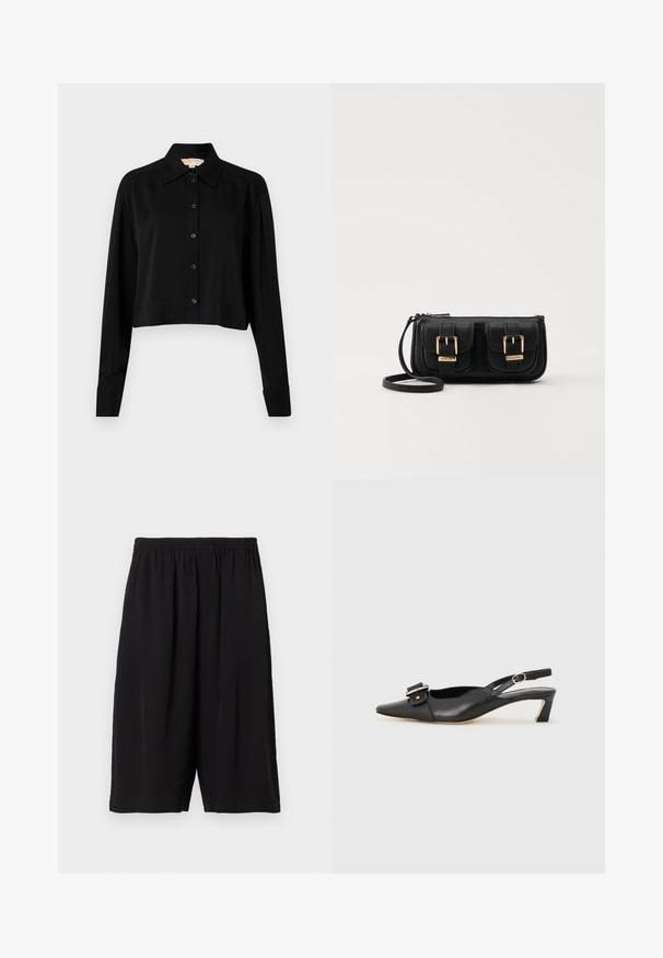 Fekete, rövid fazonú ing hosszú ujjakkal, hegyes gallérral és gombos elejével. Simító anyagból készült, laza szabású és megkötött ujjaival.; Filippa K CASUAL - Rövidnadrágok - black; Fekete bőr szandál kis sarkú, hegyes orral, díszes csattal a felsőrészen. Simább textúra, minimalista design.; Fekete bőr keresztbody táska két elülső zsebbel, arany csattokkal, cipzáras záródással és vékony pánttal. Textúrált felület és kompakt téglalap alak.