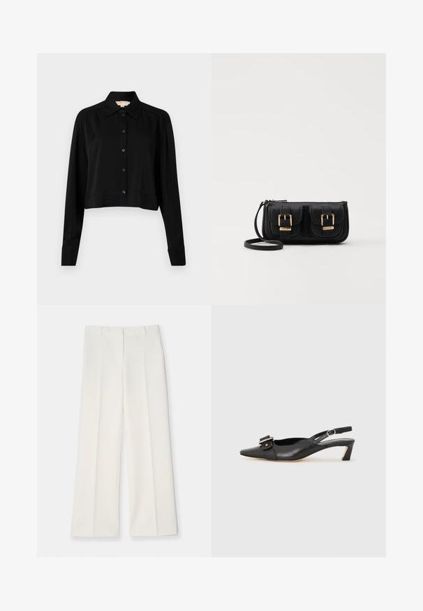 Zwarte cropped shirt met lange mouwen, een spitse kraag en een knoopsluiting aan de voorkant. Gemaakt van soepele stof met een ontspannen pasvorm en manchet-mouwen.; Wijd geplooide broek van licht crèmekleurige stof, met een gladde textuur, voorkeursplooien en twee zijkanten. Op maat gemaakte tailleband.; Zwarte leren slingback schoen met scherpe neus, kleine hak en decoratieve gespdetails op de bovenkant. Stijlvolle textuur, minimalistisch ontwerp.; Zwarte leren schoudertas met twee vo pockets, gouden gespen, ritsluiting en een smalle band. Tekstuur oppervlak en compacte rechthoekige vorm.