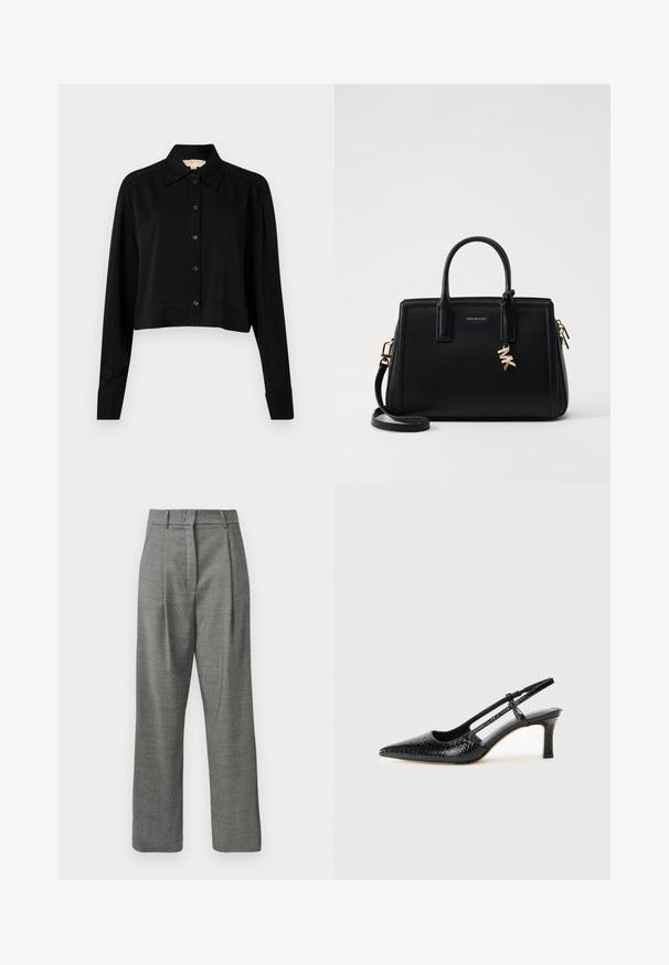 Schwarzes, kurzes Hemd mit langen Ärmeln, einem spitzen Kragen und Knopfverschluss. Hergestellt aus glattem Stoff mit lockerer Passform und geknöpften Ärmeln.; Hochbundhosen in Grau mit kleinem Karomuster, Vorderfalten, Gürtelschlaufen und geradem Bein auf weißem Hintergrund.; Schwarze Lack-Slingback-Pumps mit spitzem Zehenbereich, versehen mit strukturiertem Schlangenprint, verstellbarem Riemen und einem kurzen, strukturierten Blockabsatz.; Schwarze Ledertasche mit strukturiertem Design, doppelten oberen Griffen, abnehmbarem Schulterriemen, goldfarbenen Beschlägen und einem Logo-Anhänger.