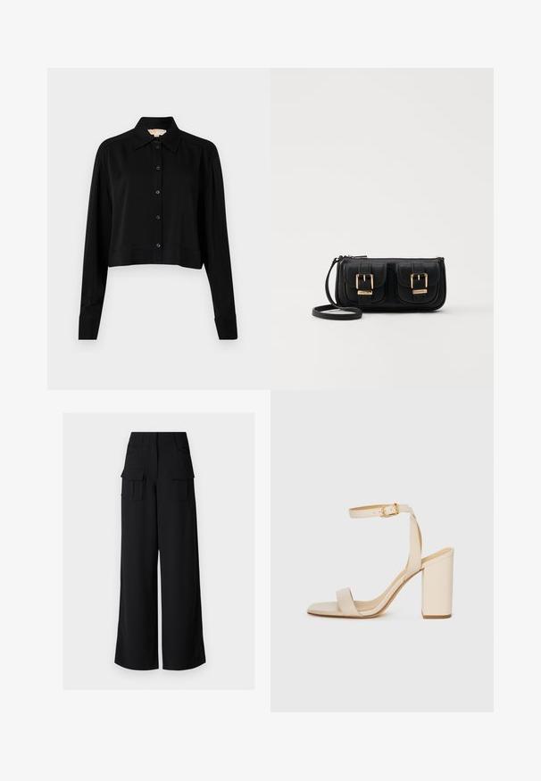 Čierna skrátená košeľa s dlhými rukávmi, špicatým golierom a zapínaním na gombíky. Vyrobená z hladkej látky s voľným strihom a manžetovými rukávmi.; Čierne široké nohavice cargo s hladkou textúrou, ktoré majú dve predné vrecká a dva veľké cargo vrecká po bokoch.; Béžové sandále na vysokom opätku so štvorcovou špičkou, tenkým remienkom na členku a blokovým opätkom. Hladká kožená textúra s detailom zlatého spony.; Čierna kožená crossbody taška s dvoma prednými vreckami, zlatými sponami, zipsovým uzatváraním a úzkym popruhom. Štruktúrovaný povrch a kompaktný obdĺžnikový tvar.
