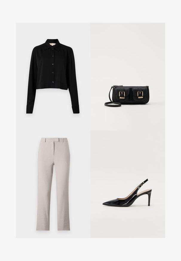 Juodas trumpas marškinėliai su ilgomis rankovėmis, smailiu apykakle ir mygtukų priekyje. Pagamintas iš lygaus audinio su laisvu siluetu ir apverčiamos rankovėmis.; Bežinės lininės kelnės su tiesia koja, turinčios plokščią priekinę dalį, diržo kilpas ir subtilią tekstūrą. Nėra matomų dekoracijų.; Juodas lakinės odos slingback batelis su smailiu nosiu, plonu kulnu ir subtiliu išpjovos dizainu. Yra auksinė sagtis ant dirželio.; Juodas odinis per petį nešiojamas krepšys su dviem priekiniais kišenėmis, auksiniais sagtimis, užtrauktuko uždarymu ir siauromis petnešomis. Textūruota paviršius ir kompaktiškas stačiakampis formatas.