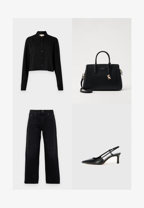 Μαύρο κοντό πουκάμισο με μακριά μανίκια, με μυτερό γιακά και μπροστινό κούμπωμα. Φτιαγμένο από λεία ύφασμα με άνετη εφαρμογή και σμιλεμένα μανίκια.; Μαύρα τζιν ίσιας γραμμής με μπροστινές τσέπες, βρόχους ζωνών και κλείσιμο με κουμπί, εμφανίζονται σε απλό ανοιχτό γκρι φόντο.; Μαύρη πατέντα σλινγκμπάκ γόβα με μυτερή μύτη, διαθέτει υφή από φίδι, ρυθμιζόμενο λουρί και κοντή, υφή τετράγωνη φτέρνα.; Μαύρη δερμάτινη τσάντα χειρός με δομημένο σχέδιο, διπλές λαβές στην κορυφή, αποσπώμενος ιμάντας ώμου, χρυσά αξεσουάρ και διακοσμητικό λογότυπο.