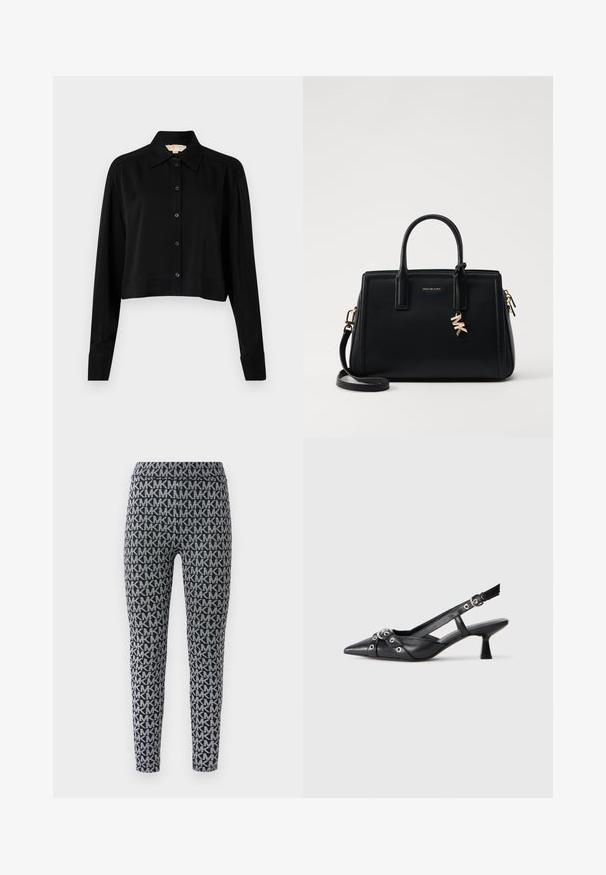 Čierna skrátená košeľa s dlhými rukávmi, špicatým golierom a zapínaním na gombíky. Vyrobená z hladkej látky s voľným strihom a manžetovými rukávmi.; Čierne a šedé legíny s celoplošným vzorom prepojených písmen. Pás je elastický a legíny majú slim fit okolo nôh.; Čierne kožené slingback topánky s špicatou špičkou, ozdobnými popruhmi s kovovými očkami a nízkym blokovým podpätkom. Textúrovaný povrch.; Čierna kožená kabelka so štruktúrovaným dizajnom, dvojitými hornými uchami, odnímateľným ramenným popruhom, zlatými kovovými detailmi a akcentom logového prívesku.