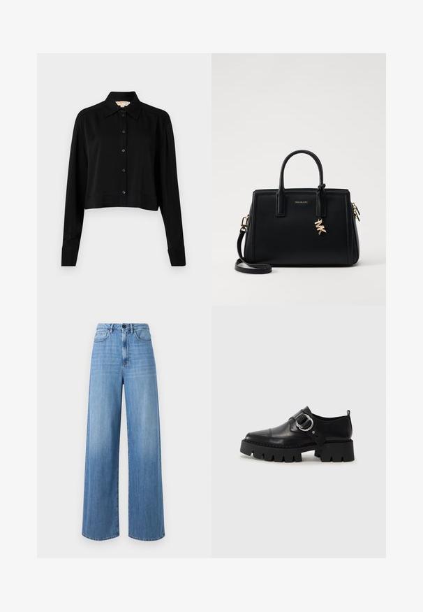 Camisa negra corta con mangas largas, cuello puntiagudo y botones en la parte delantera. Fabricada en un tejido suave con un corte holgado y mangas con puños.; Jeans de mezclilla de tiro alto en azul claro, con perneras anchas, trabillas, bolsillos delanteros y detalles de costura en contraste.; Zapatos de cuero negro con una suela gruesa y estriada, que presentan un acento de hardware plateado en forma circular y un detalle de costura mínima.; Bolso de piel negra con diseño estructurado, doble asa superior, correa de hombro desmontable, herrajes dorados y un charm de logo como acento.