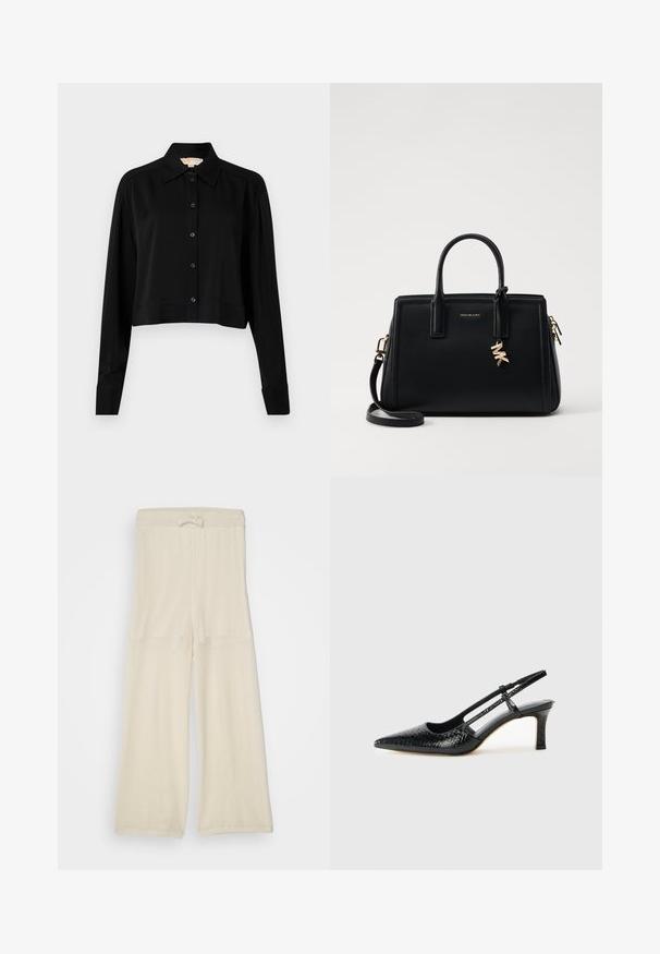 Černá zkrácená košile s dlouhými rukávy, špičatým límcem a předním zapínáním na knoflíky. Vyrobena z hladké látky s volnějším střihem a manžetami.; Světlé béžové široké kalhoty z síťoviny s páskem na stažení, které mají volný střih a texturovaný povrch. Vhodné pro volnočasové nošení.; Černé lakované slingback podpatky s špičatou špičkou, zdobené texturovaným hadím vzorem, nastavovacím páskem a krátkým texturovaným blokovým podpatkem.; Černá kožená kabelka se strukturovaným designem, dvojitými horními uchy, odnímatelným ramenním popruhem, zlatými doplňky a akcentem ve formě logového charm.