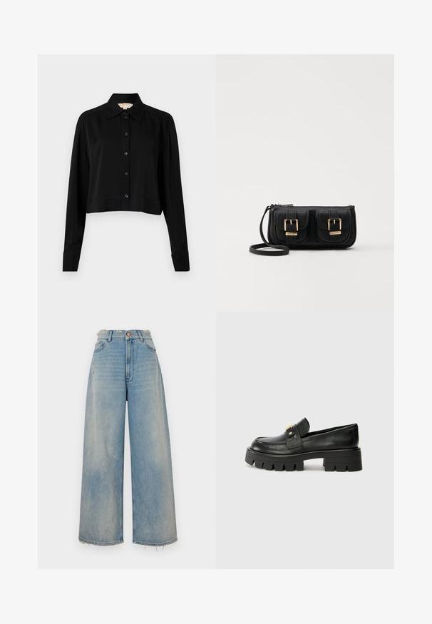 Black cropped shirt with long sleeves, a pointed collar, and button front. Made from smooth fabric with a relaxed fit and cuffed sleeves.; Light blue denim wide-leg jeans with a frayed hem, five pockets, and a button closure. Features slight distressing on the front.; Black leather loafers with a chunky sole, featuring a gold-tone accent on the front and a smooth finish. Chunky tread design on the sole.; Black leather crossbody bag with two front pockets, gold buckles, zipper closure, and a slim strap. Textured surface and compact rectangular shape.