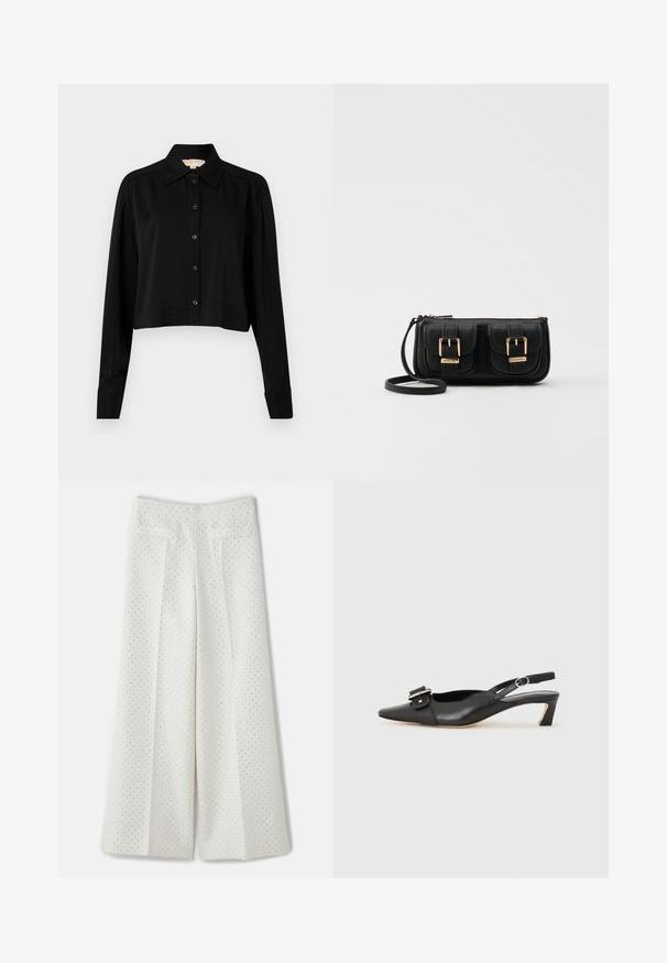 Svart forkortet skjorte med lange ermer, spiss krage og knappelukking foran. Laget av glatt stoff med en avslappet passform og oppbrettede ermer.; sandro PANTALON - Bukse - ecru; Svarte skinn slingback-sko med spiss tå, liten hæl og dekorativ spenne-detalj på overdelen. Glatt tekstur, minimalistisk design.; Svart skinn crossbody veske med to frontlommer, gyldne spenner, glidelåslukking og en slank stropp. Teksturert overflate og kompakt rektangulær form.