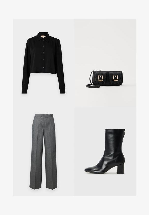 Fekete, rövid fazonú ing hosszú ujjakkal, hegyes gallérral és gombos elejével. Simító anyagból készült, laza szabású és megkötött ujjaival.; Sötét szürke anyagból készült, bő szabású nadrág, magas derekú, elöl pliszírozott, oldalt egy gombos záródással.; Fekete bőr bokacipő hegyes orral és 4 cm-es blokkfallal. Simán díszített designja oldalra nyíló cipzárral rendelkezik, ami megkönnyíti a felvételt. Simább textúrával.; Fekete bőr keresztbody táska két elülső zsebbel, arany csattokkal, cipzáras záródással és vékony pánttal. Textúrált felület és kompakt téglalap alak.