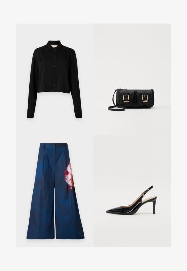 Cămașă neagră scurtă cu mâneci lungi, guler ascuțit și închidere cu nasturi. Fabricată dintr-un material neted, cu o croială lejeră și mâneci cu manșete.; Pantaloni cu croi larg din material navy închis, având un imprimeu floral în roz și galben pe o parte, cu închidere cu nasture la talie.; Pantofi slingback din piele patent neagră, cu vârful ascuțit, tocul subțire și un design discret cu decupaj. Se evidențiază printr-un cataramă aurie pe curea.; Geantă neagră din piele, tip crossbody, cu două buzunare frontale, catarame aurii, închidere cu fermoar și o curea subțire. Suprafață texturată și formă rectangulară compactă.