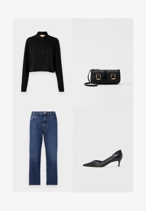 Čierna skrátená košeľa s dlhými rukávmi, špicatým golierom a zapínaním na gombíky. Vyrobená z hladkej látky s voľným strihom a manžetovými rukávmi.; Jeans z denimu v tmavomodrom odtieni. Rovný strih s piatimi vreckami, predné zapínanie na gombík a kontrastné švy.; Čierny kožený lodička s špičatou špičkou a nízkym opätkom. Má hladkú textúru a jemný lesk. Vpredu je otvorený výrez pre zvýraznenie detailu.; Čierna kožená crossbody taška s dvoma prednými vreckami, zlatými sponami, zipsovým uzatváraním a úzkym popruhom. Štruktúrovaný povrch a kompaktný obdĺžnikový tvar.