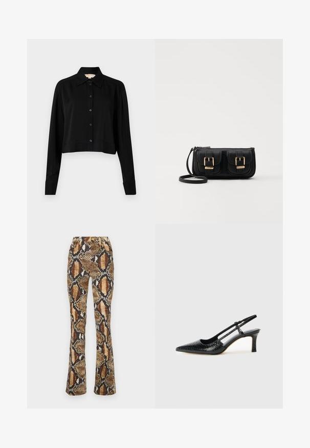 Camisa preta curta com mangas longas, colarinho pontudo e fecho à frente com botões. Feita de um tecido suave, com um corte descontraído e mangas com punhos.; Roberto Cavalli TROUSERS - Calças de ganga justas - brown; Salto slingback em patente preta com bico apontado, apresentando um padrão de pele de cobra texturizado, tira ajustável e um salto bloco curto e texturizado.; Bolsa de ombro em couro preto com dois bolsos frontais, fivelas douradas, fecho de zíper e uma alça fina. Superfície texturizada e forma retangular compacta.