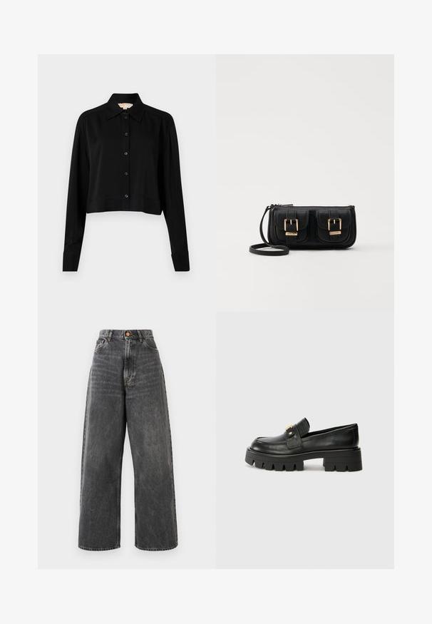 Črni kratki top z dolgimi rokavi, s končnim ovratnikom in gumbi spredaj. Narejen iz gladkega materiala z sproščenim krojem in manšeti na rokavih.; Visokotrajne široke kavbojke v zbledeli črni denimu s sprednjimi žepi, zankami za pas in zlato rjavo zaponko.; Črne usnjene loaferje z debelim podplatom, ki imajo zlatoten naglas na sprednji strani in gladko površino. Debela oblika profila na podplatu.; Črna usnjena torbica čez ramo z dvema sprednjima žepoma, zlatimi zaponkami, zadrgo in ozkim pasom. Tekstura površine je strukturirana, obliko pa ima kompaktno pravokotno.