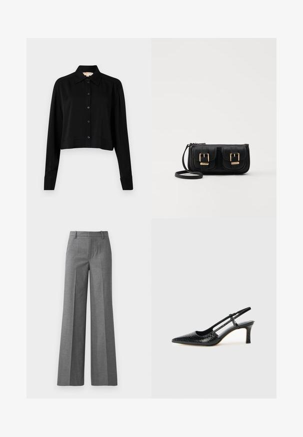 Cămașă neagră scurtă cu mâneci lungi, guler ascuțit și închidere cu nasturi. Fabricată dintr-un material neted, cu o croială lejeră și mâneci cu manșete.; Pantaloni gri cu picioare largi, dintr-un material texturat. Prezintă pliaje în față, talie ajustată și un finisaj lustruit, ideal pentru ocazii formale.; Pantofi cu toc slingback negri din patent, cu vârf ascuțit, cu imprimeu de șarpe texturat, curea ajustabilă și toc scurt texturat.; Geantă neagră din piele, tip crossbody, cu două buzunare frontale, catarame aurii, închidere cu fermoar și o curea subțire. Suprafață texturată și formă rectangulară compactă.