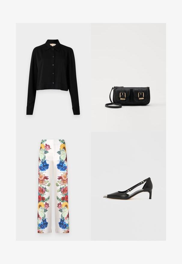 Chemise noire courte à manches longues, col pointu et fermeture par boutons. Fabriquée en tissu lisse avec une coupe décontractée et des manches à poignets.; Alice + Olivia ANDREW BOOTCUT SLIM PANT - Pantalon classique - off white; Escarpin en cuir noir à petit talon en forme de kit avec embout pointu argenté et doubles sangles à boucle sur fond blanc.; Sac en cuir noir porté en travers avec deux poches avant, boucles dorées, fermeture zippée et une sangle fine. Surface texturée et forme rectangulaire compacte.