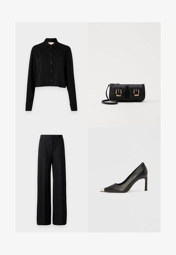 Fekete, rövid fazonú ing hosszú ujjakkal, hegyes gallérral és gombos elejével. Simító anyagból készült, laza szabású és megkötött ujjaival.; Széles szárú fekete nadrág sima, matt textúrával. Lapos derékpánt, amelyen nincs látható fémrész vagy mintázat. Egyszerű és elegáns dizájn.; Fekete bőr magas sarkú cipő hegyes orral és fém ezüst orrtippel. Simább kivitelű, karcsú, 10 cm-es sarokkal.; Fekete bőr keresztbody táska két elülső zsebbel, arany csattokkal, cipzáras záródással és vékony pánttal. Textúrált felület és kompakt téglalap alak.
