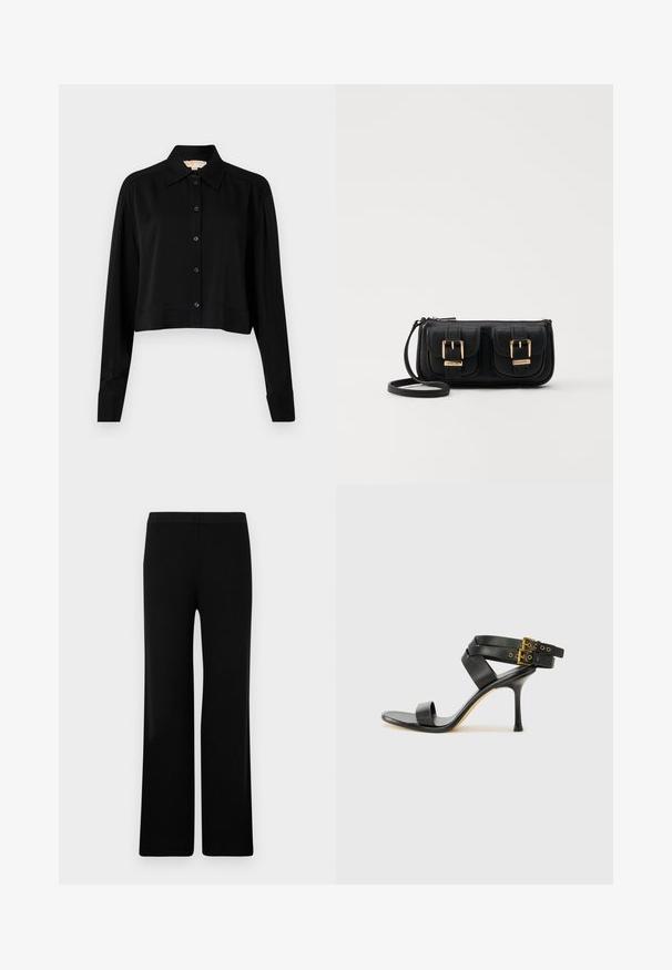 Black cropped shirt with long sleeves, a pointed collar, and button front. Made from smooth fabric with a relaxed fit and cuffed sleeves.; Black wide-leg pants with a smooth texture and elastic waistband, featuring a ribbed design. Simple and versatile cut.; Black heeled sandal with crossed straps and adjustable buckle. Features a smooth texture and tapered stiletto heel.; Black leather crossbody bag with two front pockets, gold buckles, zipper closure, and a slim strap. Textured surface and compact rectangular shape.