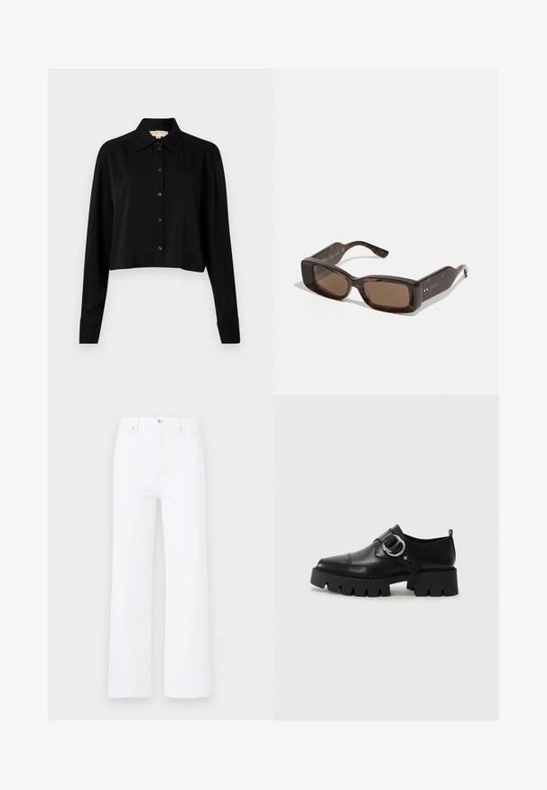 Black cropped shirt with long sleeves, a pointed collar, and button front. Made from smooth fabric with a relaxed fit and cuffed sleeves.; White denim jeans with a high waist and wide-leg cut. Features front pockets, a button closure, and subtle stitching details.; Black leather shoes with a chunky, ribbed sole, featuring a circular silver hardware accent and minimal stitching detail.; Gucci sunglasses with rectangular brown lenses, tortoiseshell acetate frame, and gold logo detailing on the temples.