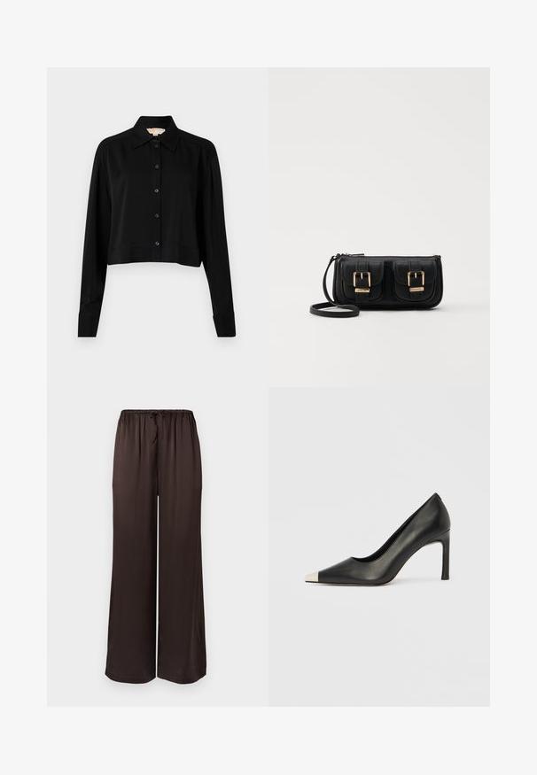 Chemise noire courte à manches longues, col pointu et fermeture par boutons. Fabriquée en tissu lisse avec une coupe décontractée et des manches à poignets.; Pantalon noir à jambes larges en tissu lisse avec taille élastique et cordon de serrage. Doté d'une coupe ample et fluide.; Chaussure à talon haut en cuir noir avec bout pointu et capuchon argenté métallique. Présente une finition lisse et un talon fin de 10 cm.; Sac en cuir noir porté en travers avec deux poches avant, boucles dorées, fermeture zippée et une sangle fine. Surface texturée et forme rectangulaire compacte.