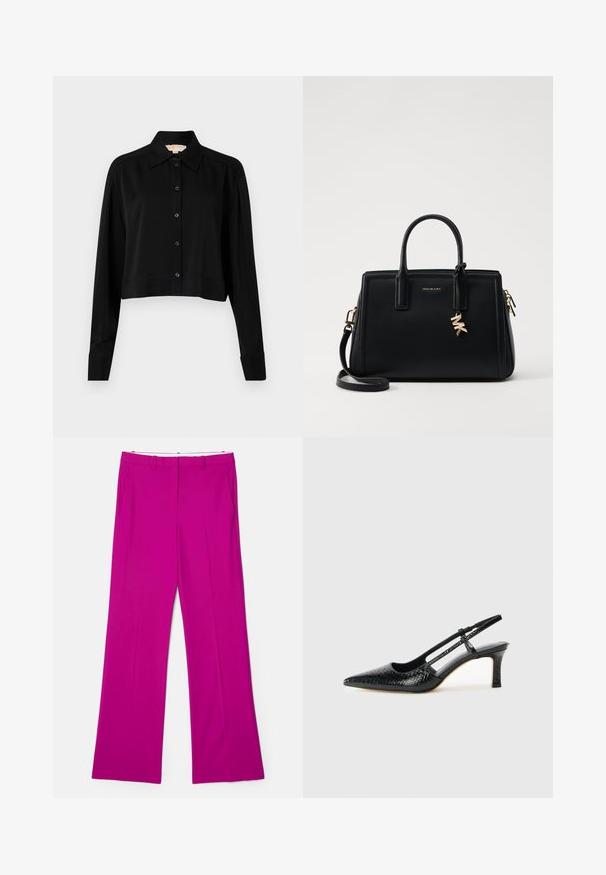 Chemise noire courte à manches longues, col pointu et fermeture par boutons. Fabriquée en tissu lisse avec une coupe décontractée et des manches à poignets.; Pantalons larges fuchsia en texture lisse, dotés de poches avant et d'un design ajusté pour une apparence structurée.; Escarpin slingback en vernis noir avec un bout pointu, présentant un imprimé serpent texturé, une sangle réglable et un petit talon bloc texturé.; Sac à main en cuir noir avec un design structuré, deux poignées supérieures, une bandoulière amovible, des accessoires en or et un pendentif avec le logo.