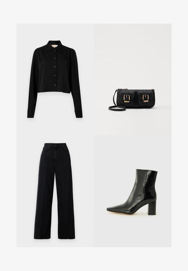 Svart forkortet skjorte med lange ermer, spiss krage og knappelukking foran. Laget av glatt stoff med en avslappet passform og oppbrettede ermer.; Svarte vide jeans laget av denim, med høy midje, front lommer og knappelukking. Stoffet har en glatt tekstur.; Svart ankelstøvel laget av blankt lær med spiss tå og en robust, firkantet hæl. Har en glatt tekstur og en minimalistisk design.; Svart skinn crossbody veske med to frontlommer, gyldne spenner, glidelåslukking og en slank stropp. Teksturert overflate og kompakt rektangulær form.