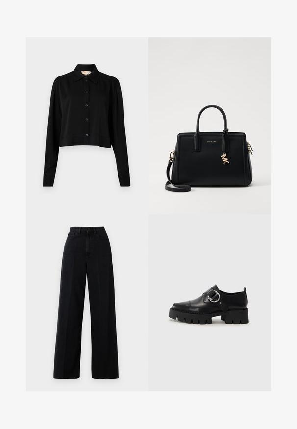 Μαύρο κοντό πουκάμισο με μακριά μανίκια, με μυτερό γιακά και μπροστινό κούμπωμα. Φτιαγμένο από λεία ύφασμα με άνετη εφαρμογή και σμιλεμένα μανίκια.; Μαύρες φαρδιές τζιν παντελόνες από τζιν ύφασμα, με ψηλή μέση, μπροστινές τσέπες και κλείσιμο με κουμπί. Το ύφασμα έχει απαλή υφή.; Μαύρα δερμάτινα παπούτσια με χοντρή, ραβδωτή σόλα, διαθέτοντας κυκλική ασημί μεταλλική λεπτομέρεια και ελάχιστη ραφή.; Μαύρη δερμάτινη τσάντα χειρός με δομημένο σχέδιο, διπλές λαβές στην κορυφή, αποσπώμενος ιμάντας ώμου, χρυσά αξεσουάρ και διακοσμητικό λογότυπο.