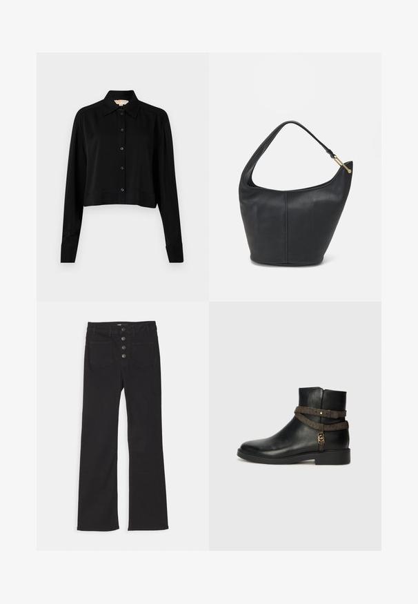 Camisa negra corta con mangas largas, cuello puntiagudo y botones en la parte delantera. Fabricada en un tejido suave con un corte holgado y mangas con puños.; Vaqueros de mezclilla negra acampanados con cintura alta, diseño de cinco bolsillos y cierre frontal con cuatro botones de metal.; Botín de cuero negro hasta el tobillo con suela plana, que presenta una correa de diseño marrón y detalles de herrajes en tono dorado. Textura suave.; Bolso de cuero negro con forma redondeada, un strap ancho y un acabado texturizado. Presenta un sutil detalle de costura y un acento de hardware en tono dorado.
