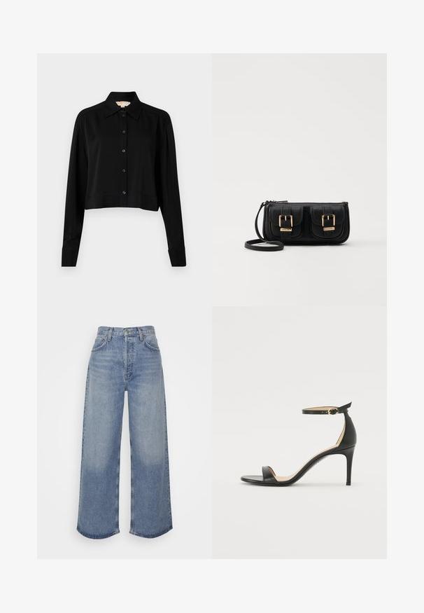 Must must shirt, mille pikkade varrukatega, terava kraega ja nööpidega esiosas. Valmistatud siledast kangast, millel on mugav lõige ja mansetiga varrukad.; Heledad sinine denim laiad püksid kõrge vöökoht, millel on nööpkinnitused, viis taskut ja maha rebitud ääred. Sile tekstuur, mugav istuvus.; Must musta kõrgete kontsadega sandaal, millel on pahkluule kinnituv rihm. Omab sileda tekstuuri, avatud varbaosa ning õhukest kontsa. Kuldtooniline pandla detail.; Must küllastamata nahast õlakott, millel on kaks esist nähtavat taskut, kuldsed pandlad, tõmblukuga sulgemine ja peen rihm. Tekstuuriga pind ja kompaktne ristkülikukujuline kuju.