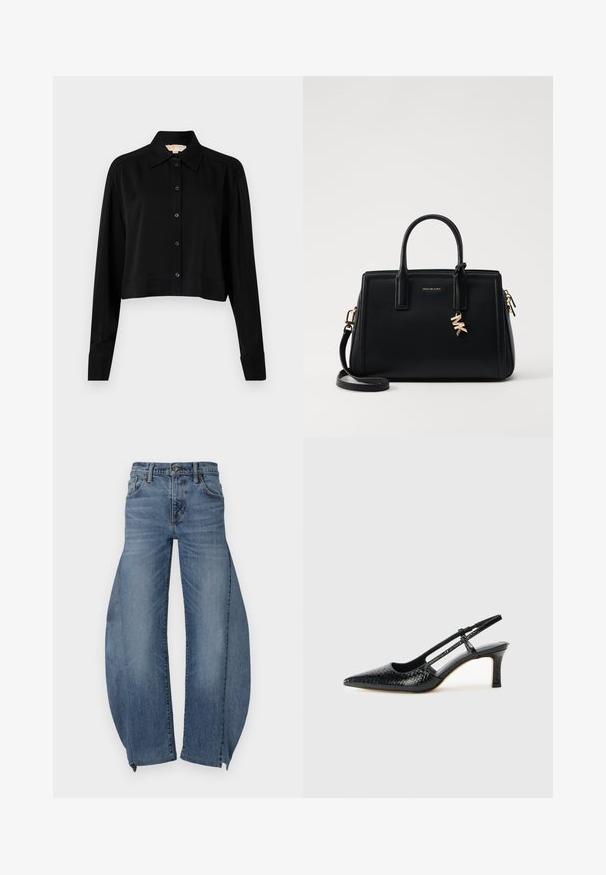 Svart kortärmad skjorta med lång ärm, spetsig krage och knappstängning. Tillverkad av slät tyg med lös passform och uppvikta ärmar.; Jeans i denim med en ljusblå nyans, som har en lös, utsvängd design och fem fickor. Benen har en unik bred skärning vid nedre kanten.; Svart lackskin slingback-häl med spetsig tå, med texturerad ormskinnsprint, justerbar rem och en kort, texturerad blockklack.; Svart läderhandväska med strukturerad design, dubbla handtag ovanpå, avtagbar axelrem, guldfärgade detaljer och en logocharm som accent.