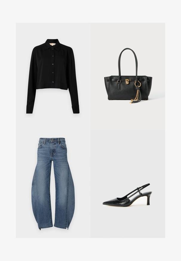 Chemise noire courte à manches longues, col pointu et fermeture par boutons. Fabriquée en tissu lisse avec une coupe décontractée et des manches à poignets.; Jeans en denim d'une teinte bleu clair, avec un design ample et évasé, et une coupe à cinq poches. Les jambes présentent une coupe large unique au niveau de l'ourlet.; Escarpin slingback en vernis noir avec un bout pointu, présentant un imprimé serpent texturé, une sangle réglable et un petit talon bloc texturé.; Sac à main en cuir noir avec double anses, serrure dorée et détails en chaîne, et accessoire à pompon noir et blanc sur fond blanc.