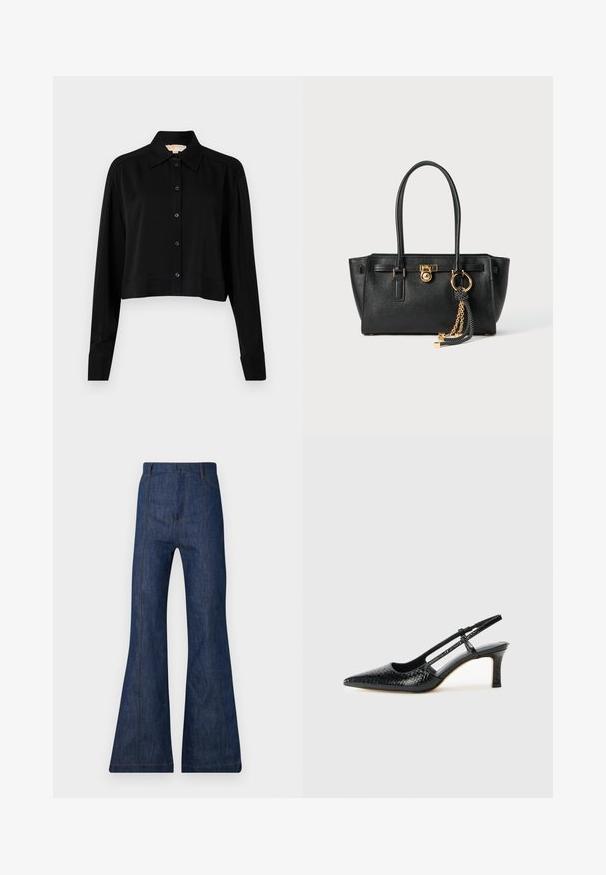 Svart forkortet skjorte med lange ermer, spiss krage og knappelukking foran. Laget av glatt stoff med en avslappet passform og oppbrettede ermer.; Mørkeblå denim flared jeans med høy midje, med synlig dekorsting og to frontlommer. Glatt tekstur og bred benåpning.; Sorte patent slingback hæl med spids tå, featuring tekstureret slangeskind, justerbar rem og en kort, tekstureret blokhæl.; Svart lærveske med doble håndtak, gulllås og kjededetalj, samt svart-hvite duskdekorasjoner mot hvit bakgrunn.