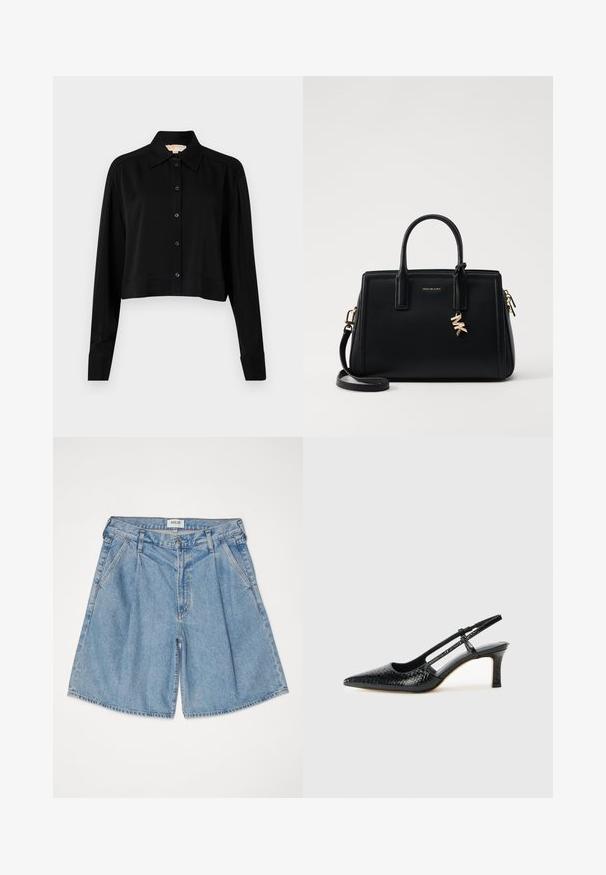 Juodas trumpas marškinėliai su ilgomis rankovėmis, smailiu apykakle ir mygtukų priekyje. Pagamintas iš lygaus audinio su laisvu siluetu ir apverčiamos rankovėmis.; Šviesiai mėlynos džinsinės šortai su laisvu kirpimu, pasižymintys aukštu liemeniu, šoninėmis kišenėmis ir mygtukiniu užsegimu. Visas paviršius su išblukusiu tekstūra.; Juodai lakuoti slingback aukštakulniai su smailiu nosiu, su tekstūruotu gyvatės raštu, reguliuojama juosta ir trumpu, tekstūruotu blokiniu kulnu.; Juodas odinis rankinė su struktūrizuotu dizainu, dviem viršutinėmis rankenėlėmis, nuimamu petiniu dirželiu, auksiniais akcentais ir logotipo pakabuku.