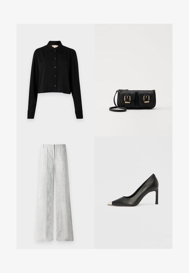Čierna skrátená košeľa s dlhými rukávmi, špicatým golierom a zapínaním na gombíky. Vyrobená z hladkej látky s voľným strihom a manžetovými rukávmi.; Svetlošedé nohavice so širokými nohavicami vyrobené z textúrovaného materiálu s jemnými vertikálnymi prúžkami. Obsahujú predné zapínanie na zips a pútka na pás.; Čierna kožená lodička s vysokým opätkom, špičkou a kovovou striebornou špičkou. Má hladký povrch a štíhly 10 cm opätok.; Čierna kožená crossbody taška s dvoma prednými vreckami, zlatými sponami, zipsovým uzatváraním a úzkym popruhom. Štruktúrovaný povrch a kompaktný obdĺžnikový tvar.