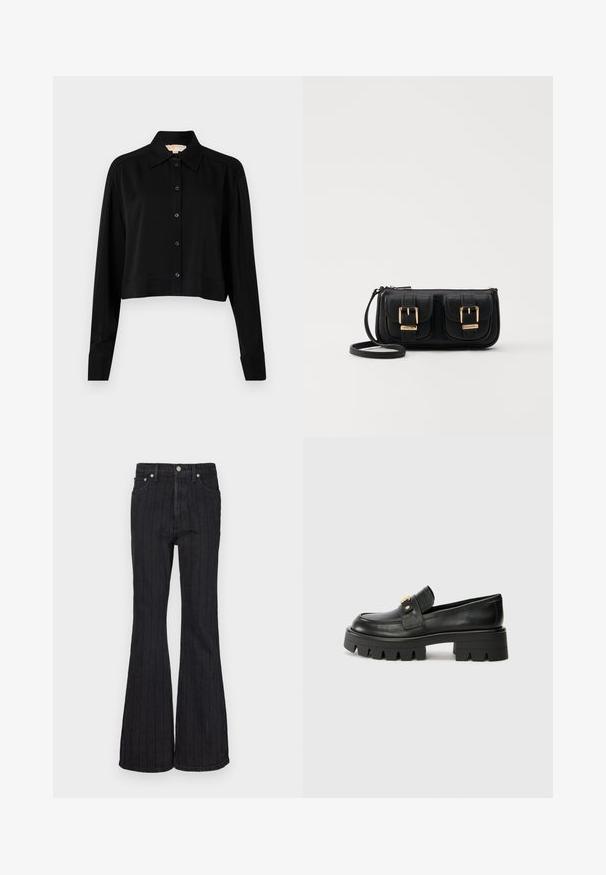 Camisa negra corta con mangas largas, cuello puntiagudo y botones en la parte delantera. Fabricada en un tejido suave con un corte holgado y mangas con puños.; Jeans de mezclilla negra de campana con rayas blancas verticales, diseño de cinco bolsillos, cintura alta y cierre con botón de metal.; Mocasines de cuero negro con una suela gruesa, que presentan un acento en tono dorado en la parte delantera y un acabado suave. Diseño de suela con dibujo grueso.; Bolso cruzado de cuero negro con dos bolsillos frontales, hebillas doradas, cierre de cremallera y una correa delgada. Superficie texturizada y forma rectangular compacta.