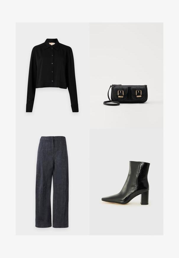 Camisa negra corta con mangas largas, cuello puntiagudo y botones en la parte delantera. Fabricada en un tejido suave con un corte holgado y mangas con puños.; Pantalones de pierna ancha en gris oscuro con una sutil textura, cintura alta y cierre frontal oculto.; Botín negro hasta el tobillo fabricado en cuero brillante con punta afilada y tacón cuadrado y grueso. Presenta una textura suave y un diseño minimalista.; Bolso cruzado de cuero negro con dos bolsillos frontales, hebillas doradas, cierre de cremallera y una correa delgada. Superficie texturizada y forma rectangular compacta.