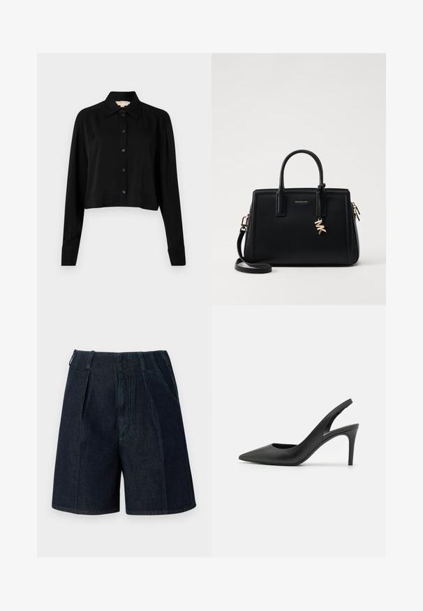 Crna skraćena košulja s dugim rukavima, uspravnim kragnom i dugmadi sprijeda. Izrađena od glatkog materijala s opuštenim krojem i manžetama.; Traper šorts s tamnim pranjem, s nabranjima, bočnim džepovima i kontrastnim zelenim šavovima.; Crne kožne slingback visoke pete s dizajnom u obliku špice, s izrezom sprijeda i tankom stiletto petom.; Crna kožna torba s strukturiranim dizajnom, dvostrukim gornjim ručkama, odvojivim remenom za rame, zlatnim detaljima i akcentom s logom.
