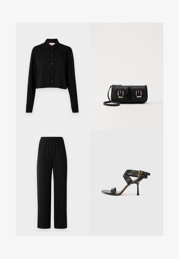 Zwarte cropped shirt met lange mouwen, een spitse kraag en een knoopsluiting aan de voorkant. Gemaakt van soepele stof met een ontspannen pasvorm en manchet-mouwen.; Zwartewijdere broek van gladde stof met een elastische tailleband. Kenmerkt zich door een rechte snit en minimale details. Geschikt voor casual wear.; Zwarte hoge hak sandaal met gekruiste bandjes en verstelbare gespsluiting. Heeft een gladde textuur en een taps toelopende stilettohak.; Zwarte leren schoudertas met twee vo pockets, gouden gespen, ritsluiting en een smalle band. Tekstuur oppervlak en compacte rechthoekige vorm.