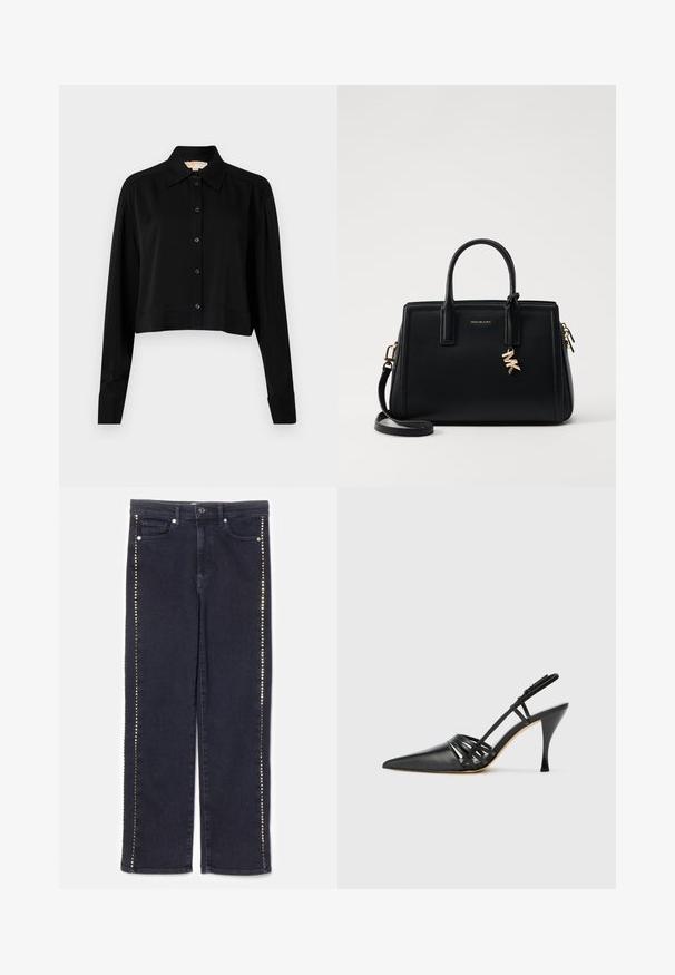 Černá zkrácená košile s dlouhými rukávy, špičatým límcem a předním zapínáním na knoflíky. Vyrobena z hladké látky s volnějším střihem a manžetami.; Tmavé džíny s rovnými nohavicemi s řadou kovových cvočků podél bočních švů, které dodávají výrazný akcent.; Černá kožená lodička na vysokém podpatku s otevřenou patou, špičatou špičkou, křížovými popruhy a štíhlým jehlovým podpatkem. Hladký povrch a minimální akcenty.; Černá kožená kabelka se strukturovaným designem, dvojitými horními uchy, odnímatelným ramenním popruhem, zlatými doplňky a akcentem ve formě logového charm.