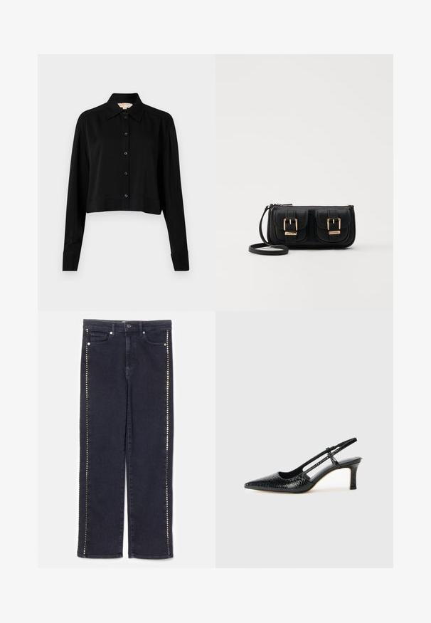 Černá zkrácená košile s dlouhými rukávy, špičatým límcem a předním zapínáním na knoflíky. Vyrobena z hladké látky s volnějším střihem a manžetami.; Tmavé džíny s rovnými nohavicemi s řadou kovových cvočků podél bočních švů, které dodávají výrazný akcent.; Černé lakované slingback podpatky s špičatou špičkou, zdobené texturovaným hadím vzorem, nastavovacím páskem a krátkým texturovaným blokovým podpatkem.; Černá kožená crossbody taška se dvěma předními kapsami, zlatými přezkami, zipovým uzávěrem a štíhlým popruhem. Texturovaný povrch a kompaktní obdélníkový tvar.