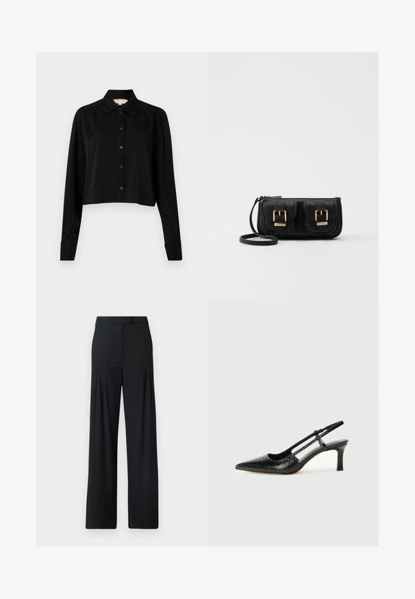 Zwarte cropped shirt met lange mouwen, een spitse kraag en een knoopsluiting aan de voorkant. Gemaakt van soepele stof met een ontspannen pasvorm en manchet-mouwen.; Zwarte wijde broek met een vlakke voorkant, plooien en een tailored tailleband. Gemaakt van gladde, lichtgewicht stof.; Zwart patent slingback hak met een spitse neus, voorzien van een gestructureerde slangenprint, verstelbare band en een korte, gestructureerde blokhak.; Zwarte leren schoudertas met twee vo pockets, gouden gespen, ritsluiting en een smalle band. Tekstuur oppervlak en compacte rechthoekige vorm.