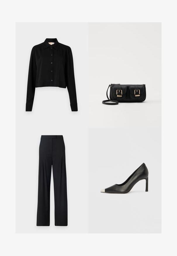 Zwarte cropped shirt met lange mouwen, een spitse kraag en een knoopsluiting aan de voorkant. Gemaakt van soepele stof met een ontspannen pasvorm en manchet-mouwen.; Zwarte wijde broek met een vlakke voorkant, plooien en een tailored tailleband. Gemaakt van gladde, lichtgewicht stof.; Zwarte leren hoge hak met een spits toelopende neus en een metalen zilverkleurige kap. Heeft een gladde afwerking en een slanke hak van 10 cm.; Zwarte leren schoudertas met twee vo pockets, gouden gespen, ritsluiting en een smalle band. Tekstuur oppervlak en compacte rechthoekige vorm.